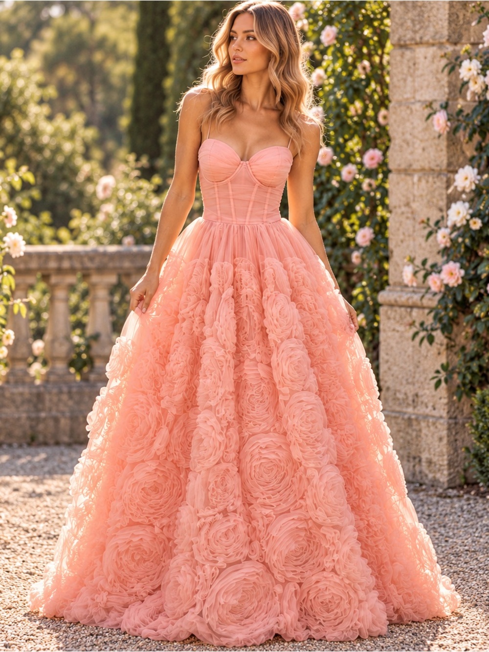 Windsor Pink Blush 3D Floral Rosette Corset Maxi Gown Dress Small